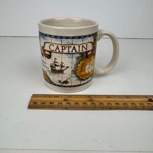 Vtg Carlton Cards Stoneware Mug Captain Aged Map Nautical Beachy Pirate Ship